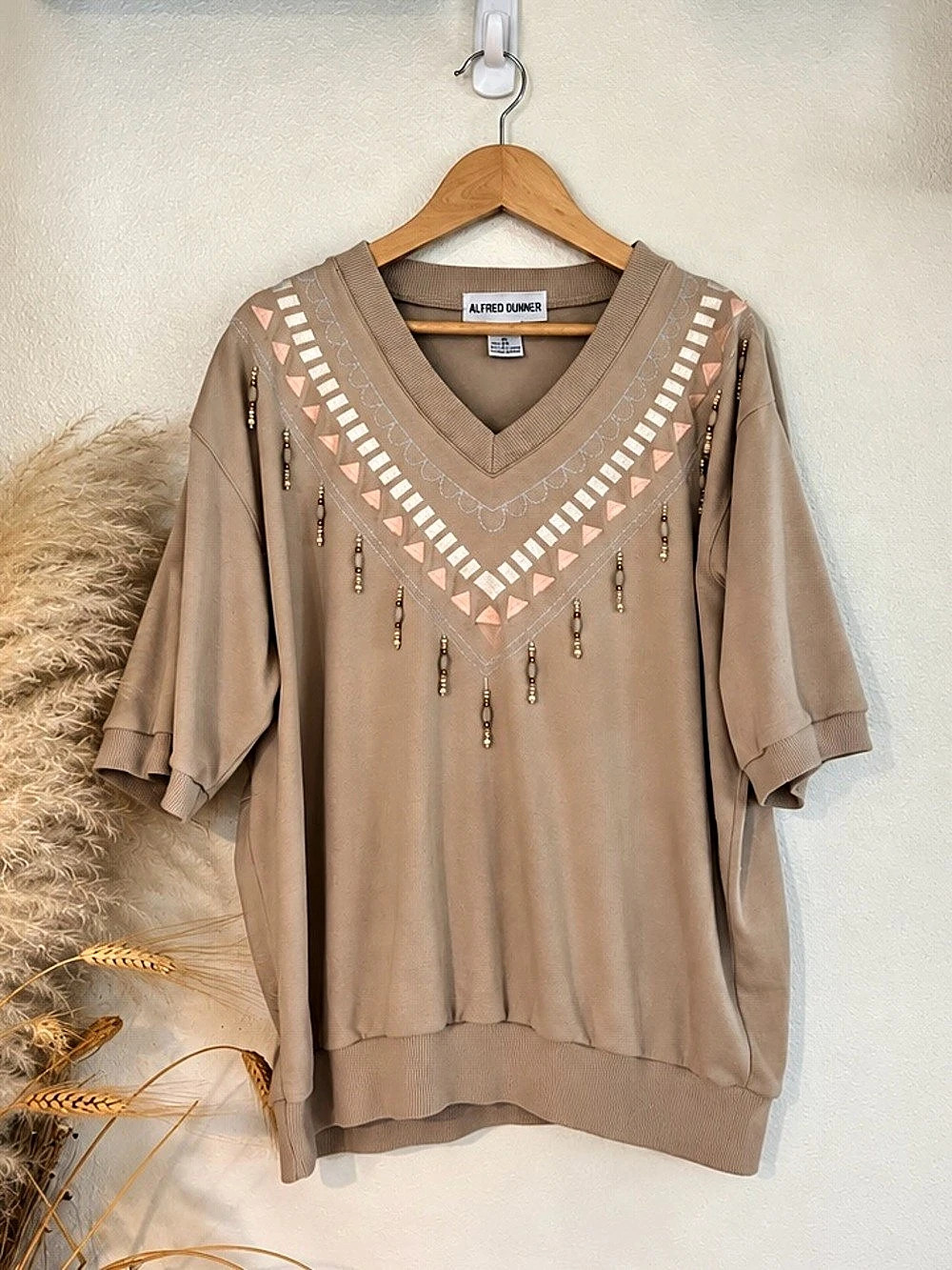 Vintage 90s Alfred Dunner Beaded Southwestern V Neck Top Medium
